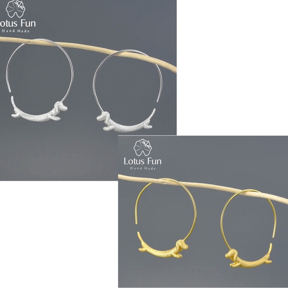 Real 925 Sterling Silver/18k Plated Gold Dachshund Dog Hoop Earrings - Picture 1 of 7